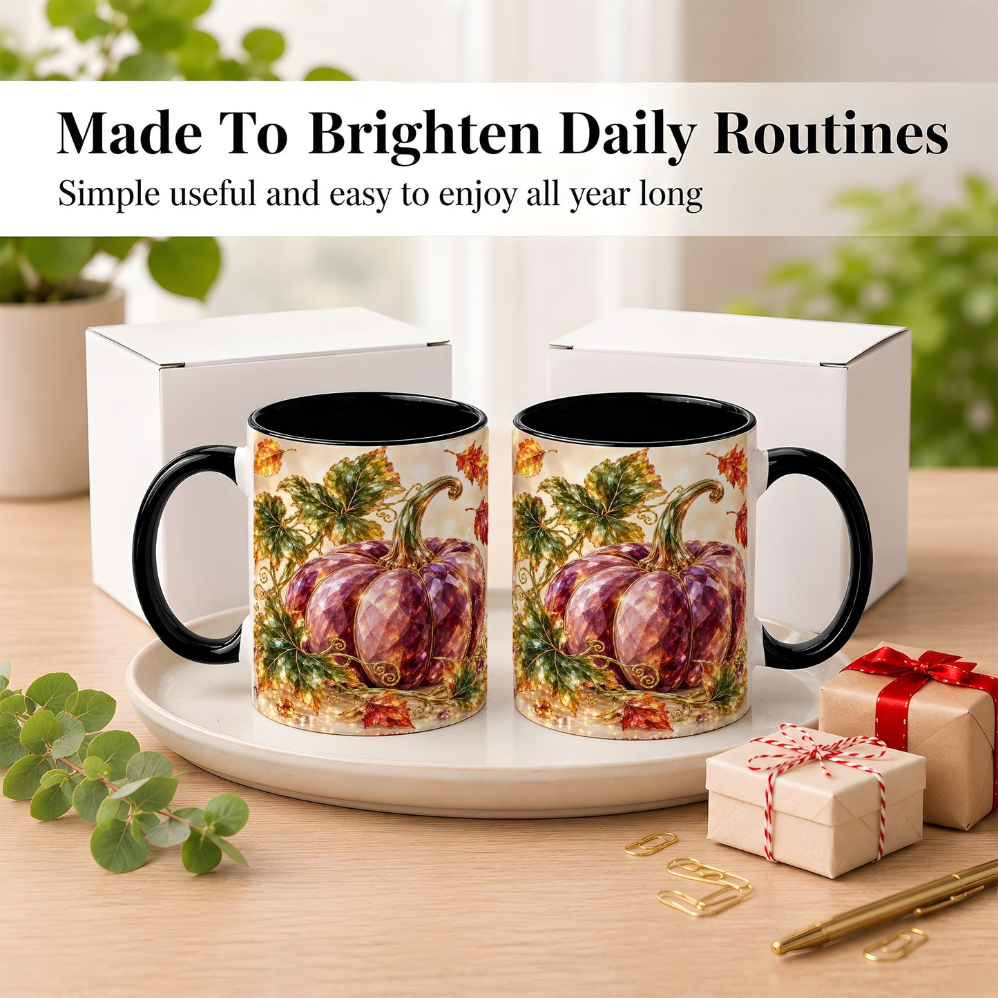 #pl[11oz|Black] Faceted Purple Pumpkin Coffee Mug, Autumn Harvest Mug, Ceramic Cup