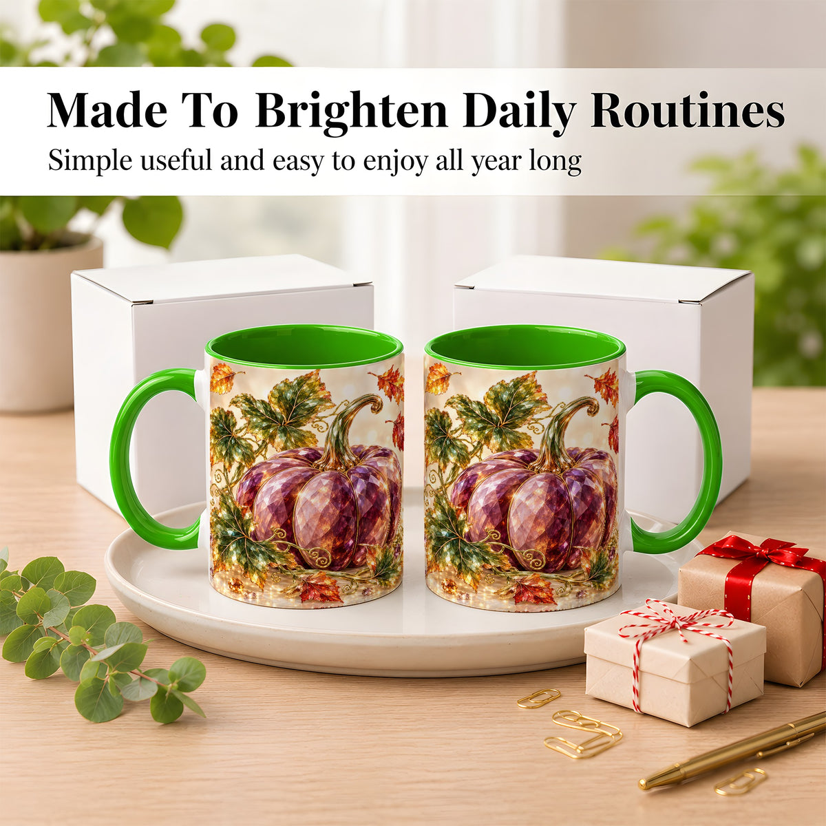 #pl[11oz|Green] Faceted Purple Pumpkin Coffee Mug, Autumn Harvest Mug, Ceramic Cup