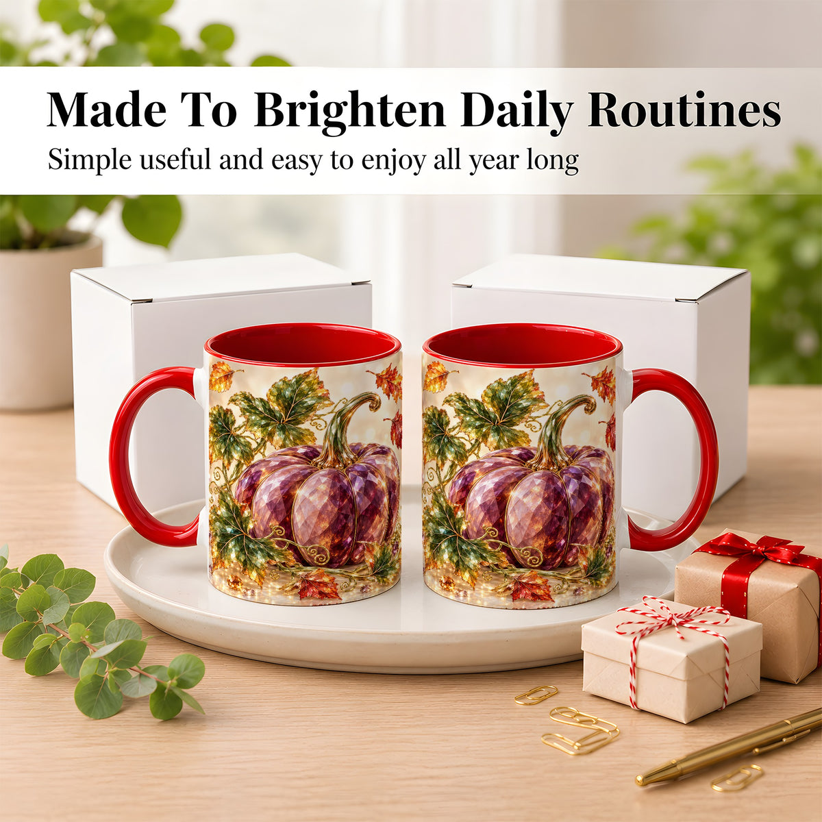 #pl[11oz|Red] Faceted Purple Pumpkin Coffee Mug, Autumn Harvest Mug, Ceramic Cup