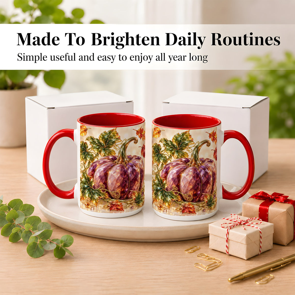 #pl[15oz|Red] Faceted Purple Pumpkin Coffee Mug, Autumn Harvest Mug, Ceramic Cup