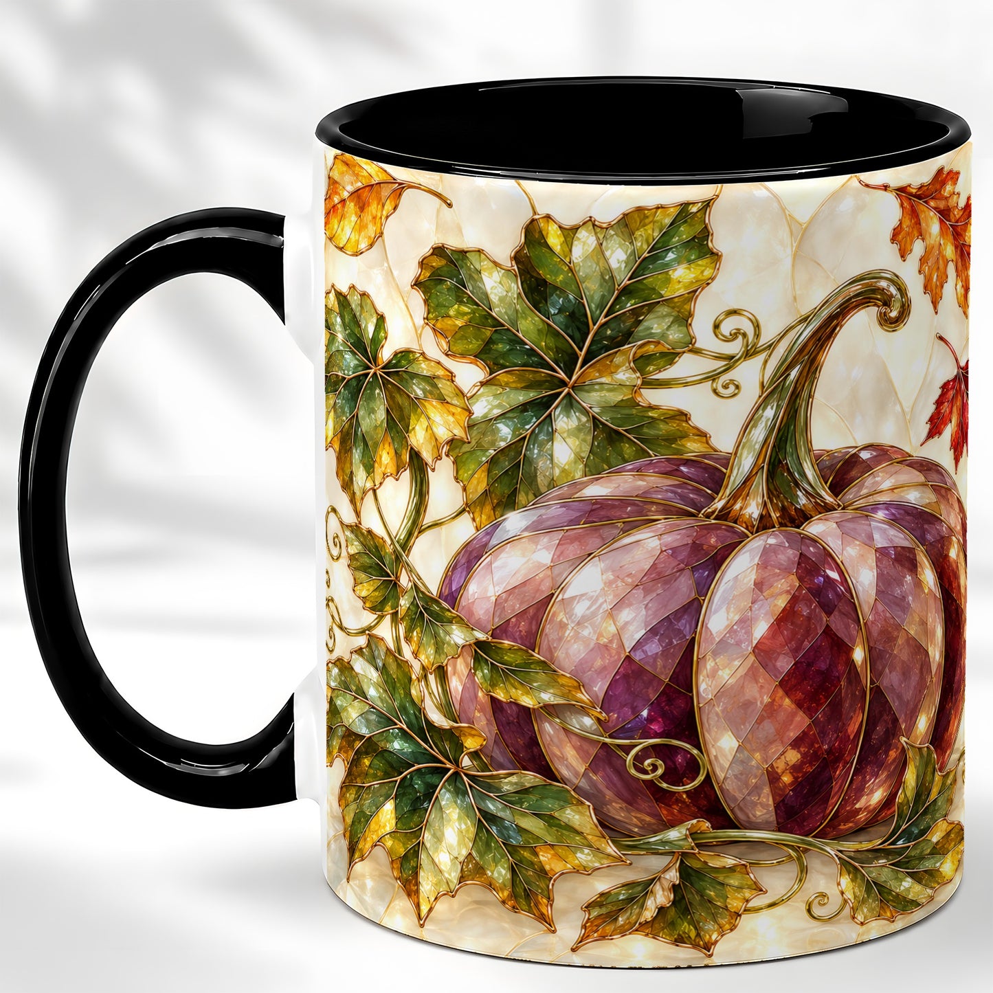 #pl[11oz|Black] Jeweled Pumpkin Coffee Mug, Autumn Leaves Mug, Ceramic Cup