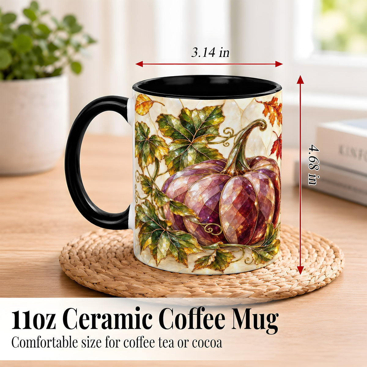 #pl[11oz|Black] Jeweled Pumpkin Coffee Mug, Autumn Leaves Mug, Ceramic Cup
