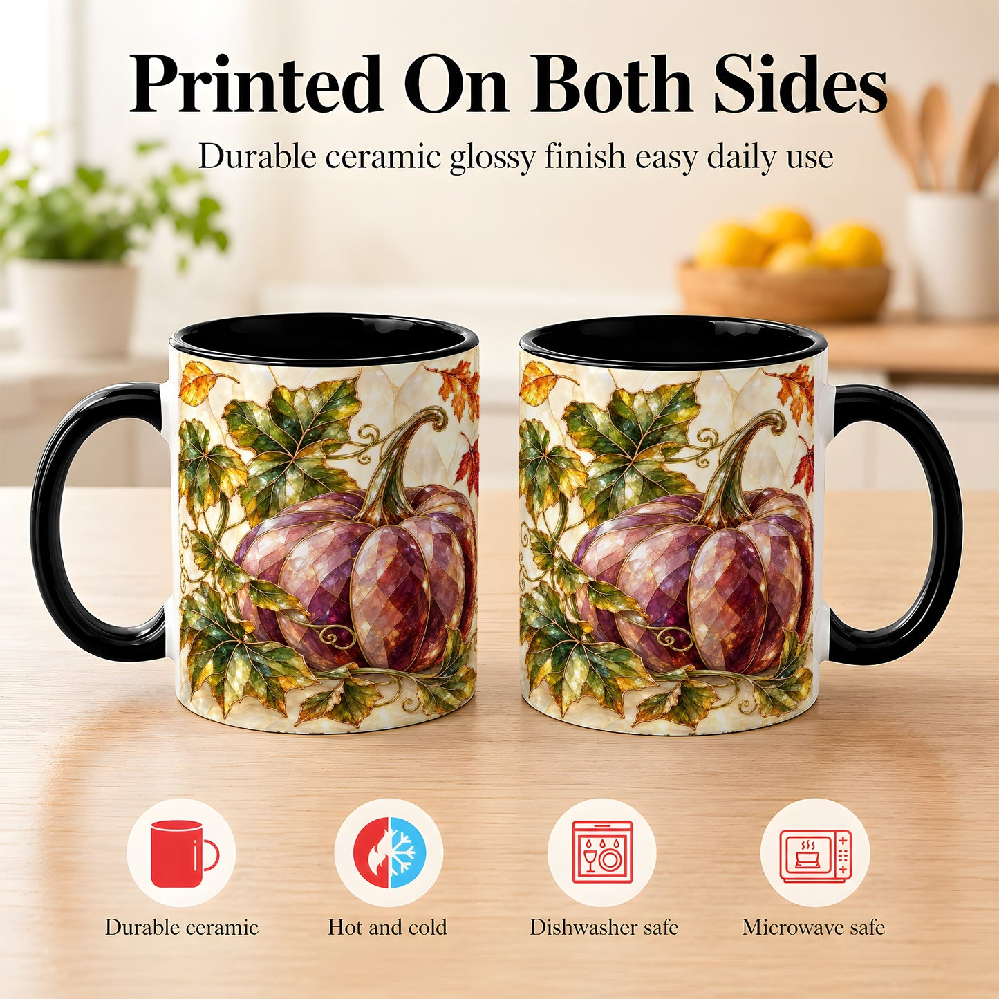 #pl[11oz|Black] Jeweled Pumpkin Coffee Mug, Autumn Leaves Mug, Ceramic Cup