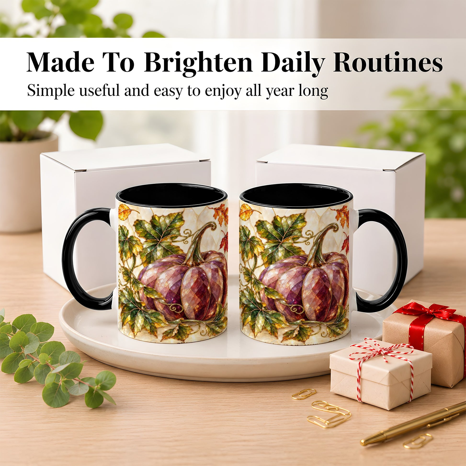 #pl[11oz|Black] Jeweled Pumpkin Coffee Mug, Autumn Leaves Mug, Ceramic Cup
