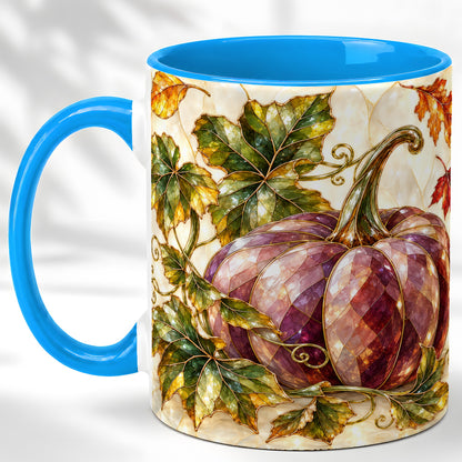 #pl[11oz|Blue] Jeweled Pumpkin Coffee Mug, Autumn Leaves Mug, Ceramic Cup