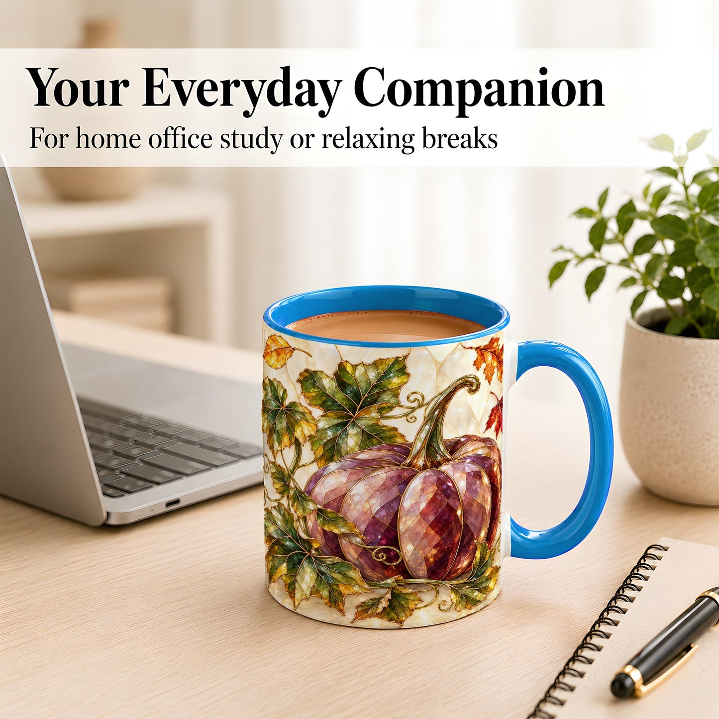 #pl[11oz|Blue] Jeweled Pumpkin Coffee Mug, Autumn Leaves Mug, Ceramic Cup
