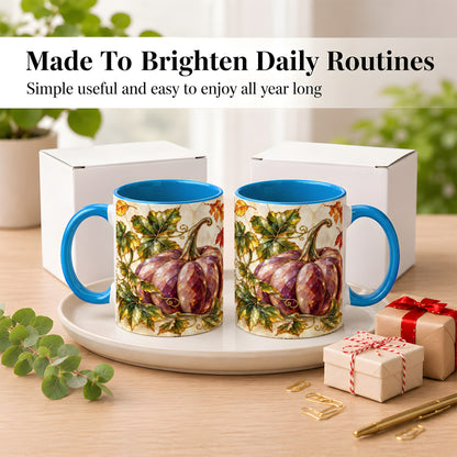 #pl[11oz|Blue] Jeweled Pumpkin Coffee Mug, Autumn Leaves Mug, Ceramic Cup
