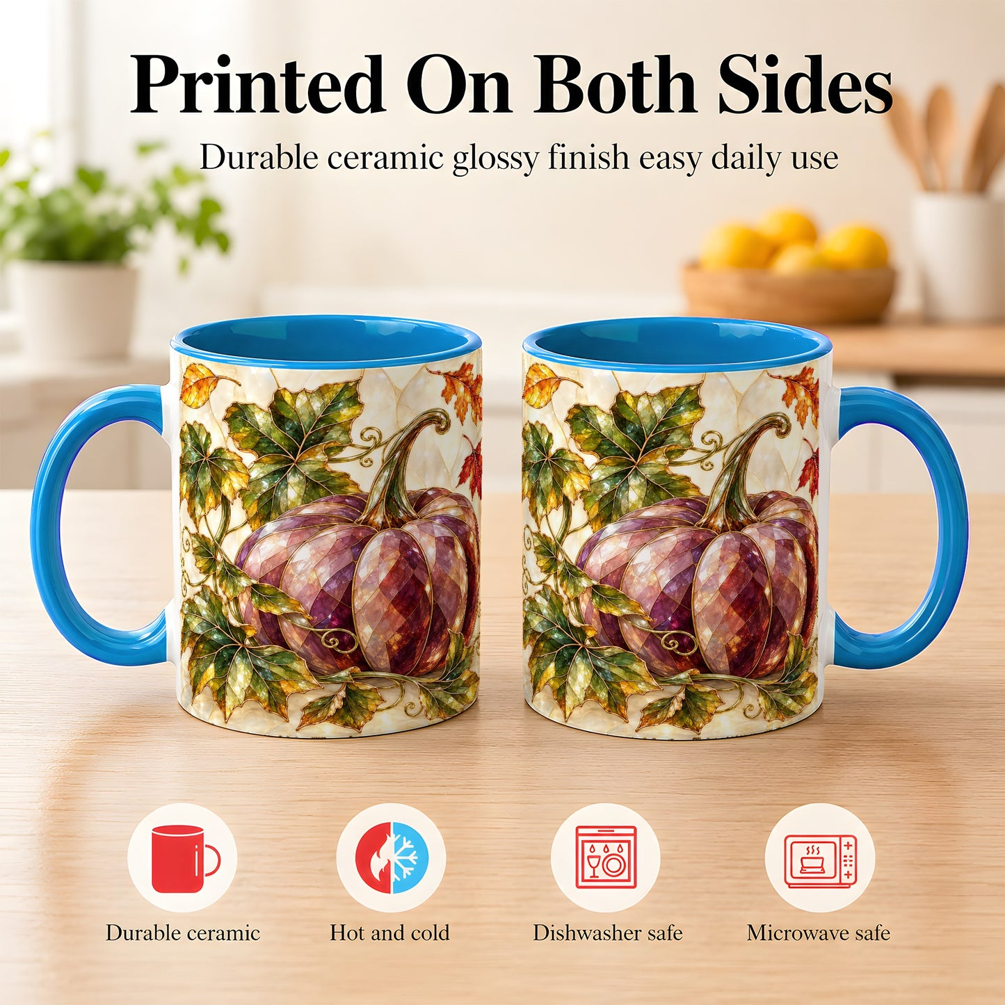 #pl[11oz|Blue] Jeweled Pumpkin Coffee Mug, Autumn Leaves Mug, Ceramic Cup