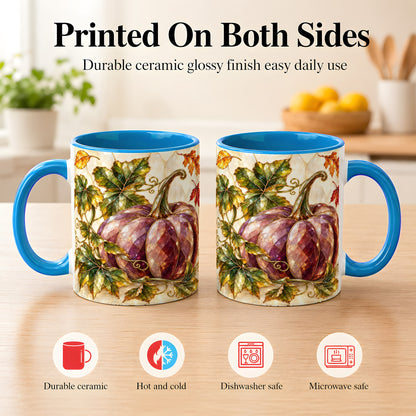 #pl[11oz|Blue] Jeweled Pumpkin Coffee Mug, Autumn Leaves Mug, Ceramic Cup