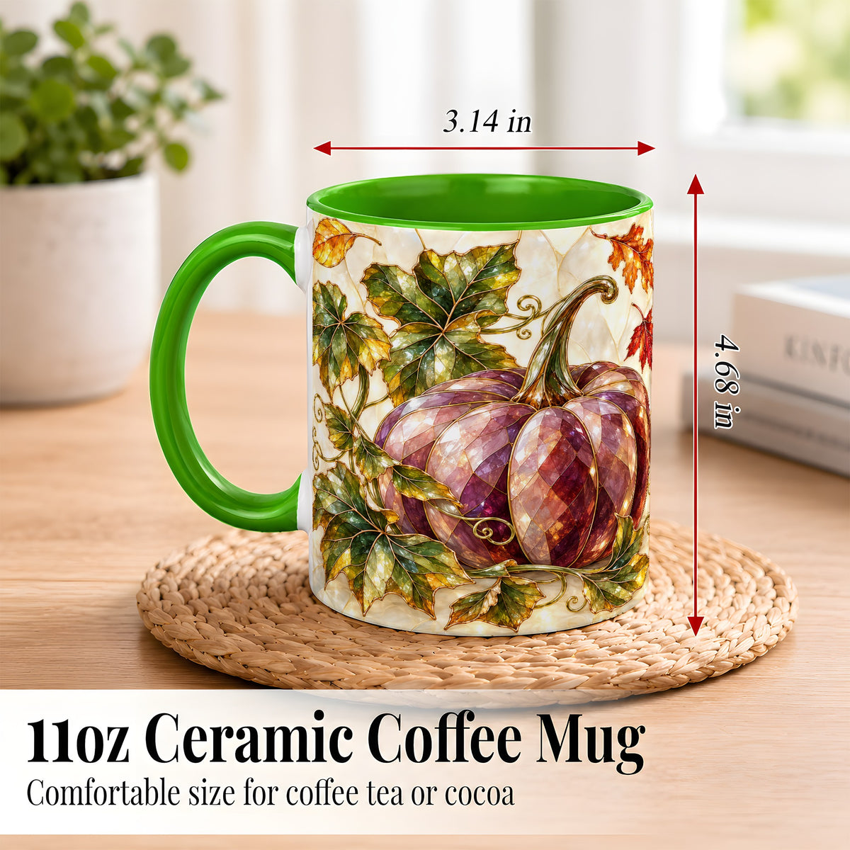 #pl[11oz|Green] Jeweled Pumpkin Coffee Mug, Autumn Leaves Mug, Ceramic Cup