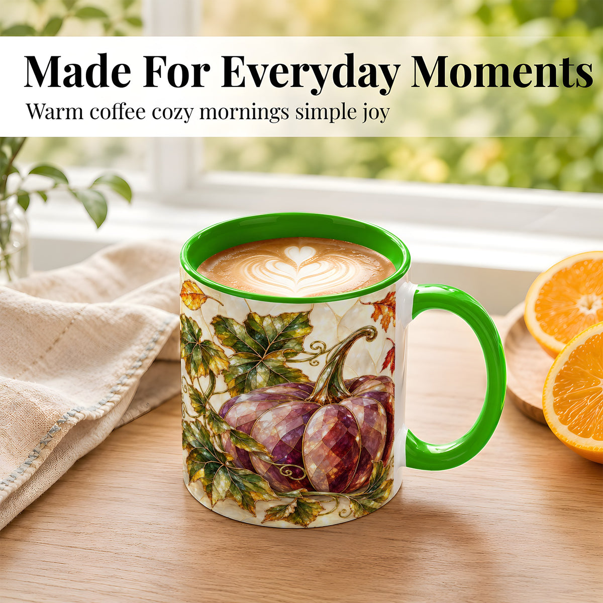 #pl[11oz|Green] Jeweled Pumpkin Coffee Mug, Autumn Leaves Mug, Ceramic Cup