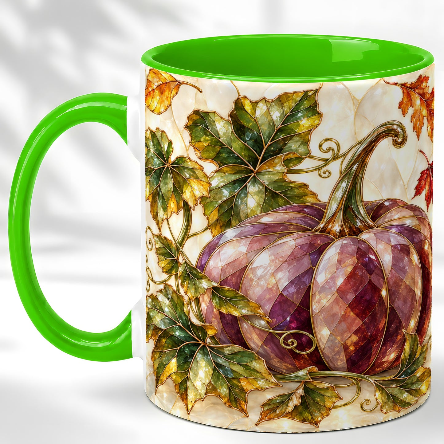 #pl[11oz|Green] Jeweled Pumpkin Coffee Mug, Autumn Leaves Mug, Ceramic Cup