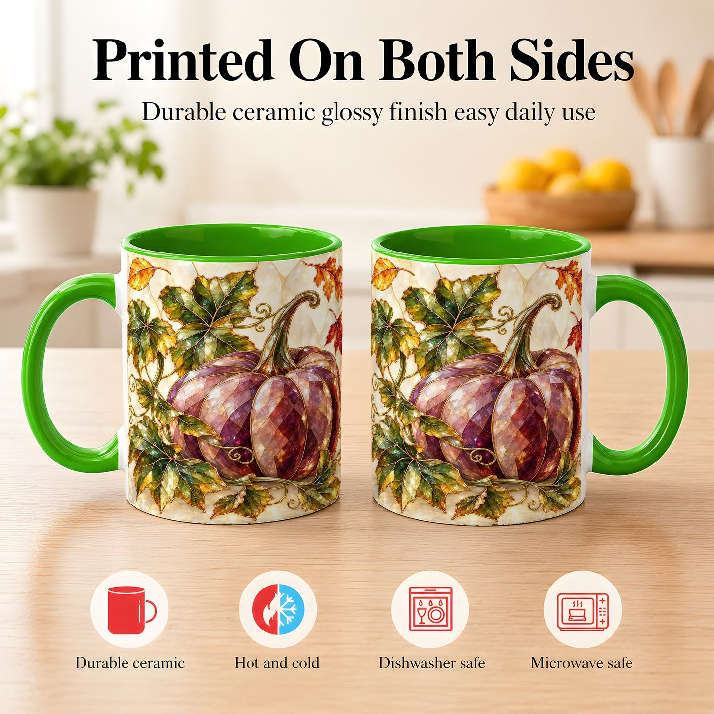 #pl[11oz|Green] Jeweled Pumpkin Coffee Mug, Autumn Leaves Mug, Ceramic Cup