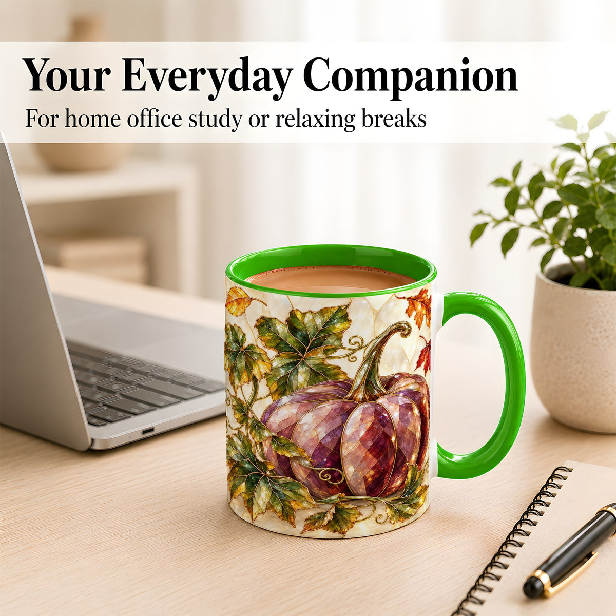 #pl[11oz|Green] Jeweled Pumpkin Coffee Mug, Autumn Leaves Mug, Ceramic Cup