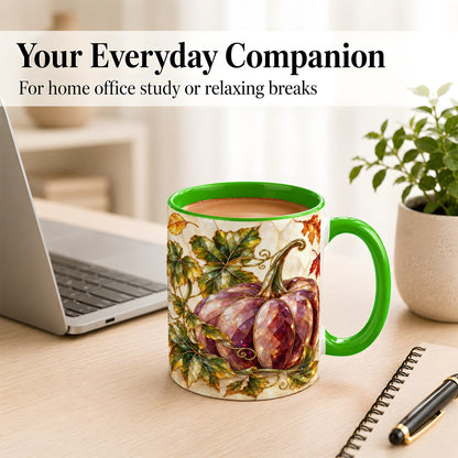 #pl[11oz|Green] Jeweled Pumpkin Coffee Mug, Autumn Leaves Mug, Ceramic Cup