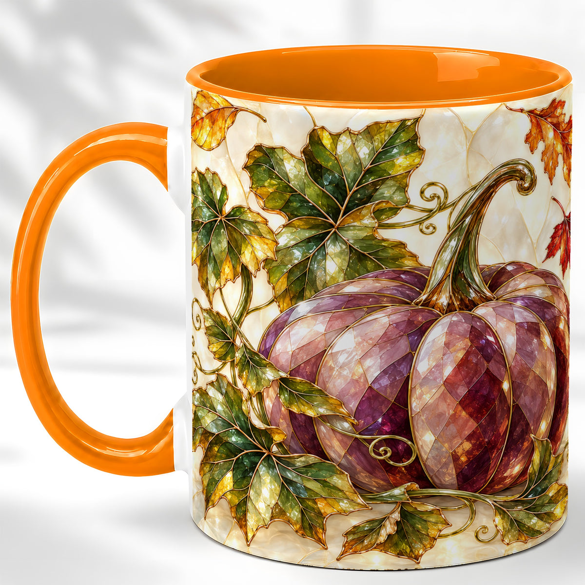 #pl[11oz|Orange] Jeweled Pumpkin Coffee Mug, Autumn Leaves Mug, Ceramic Cup