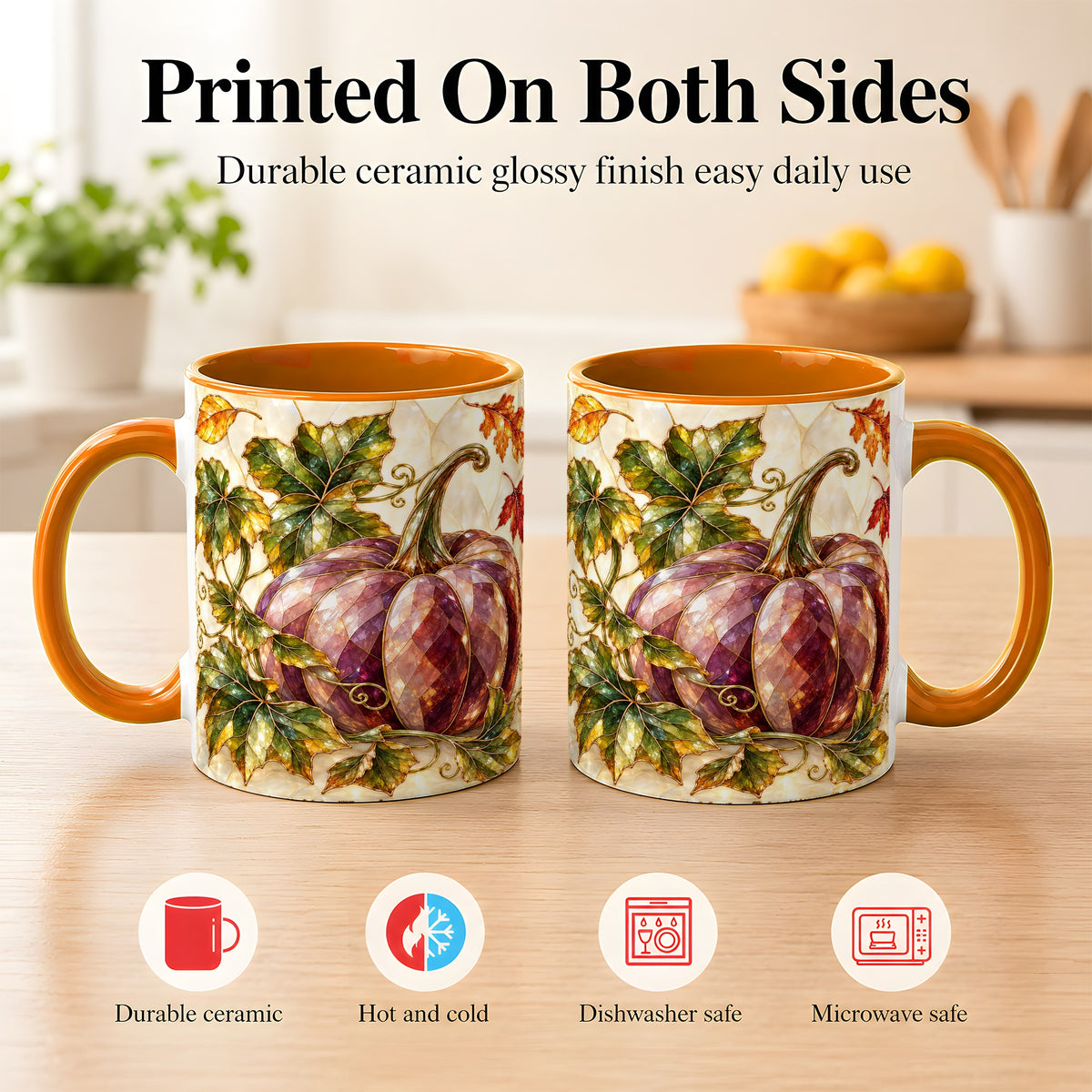 #pl[11oz|Orange] Jeweled Pumpkin Coffee Mug, Autumn Leaves Mug, Ceramic Cup