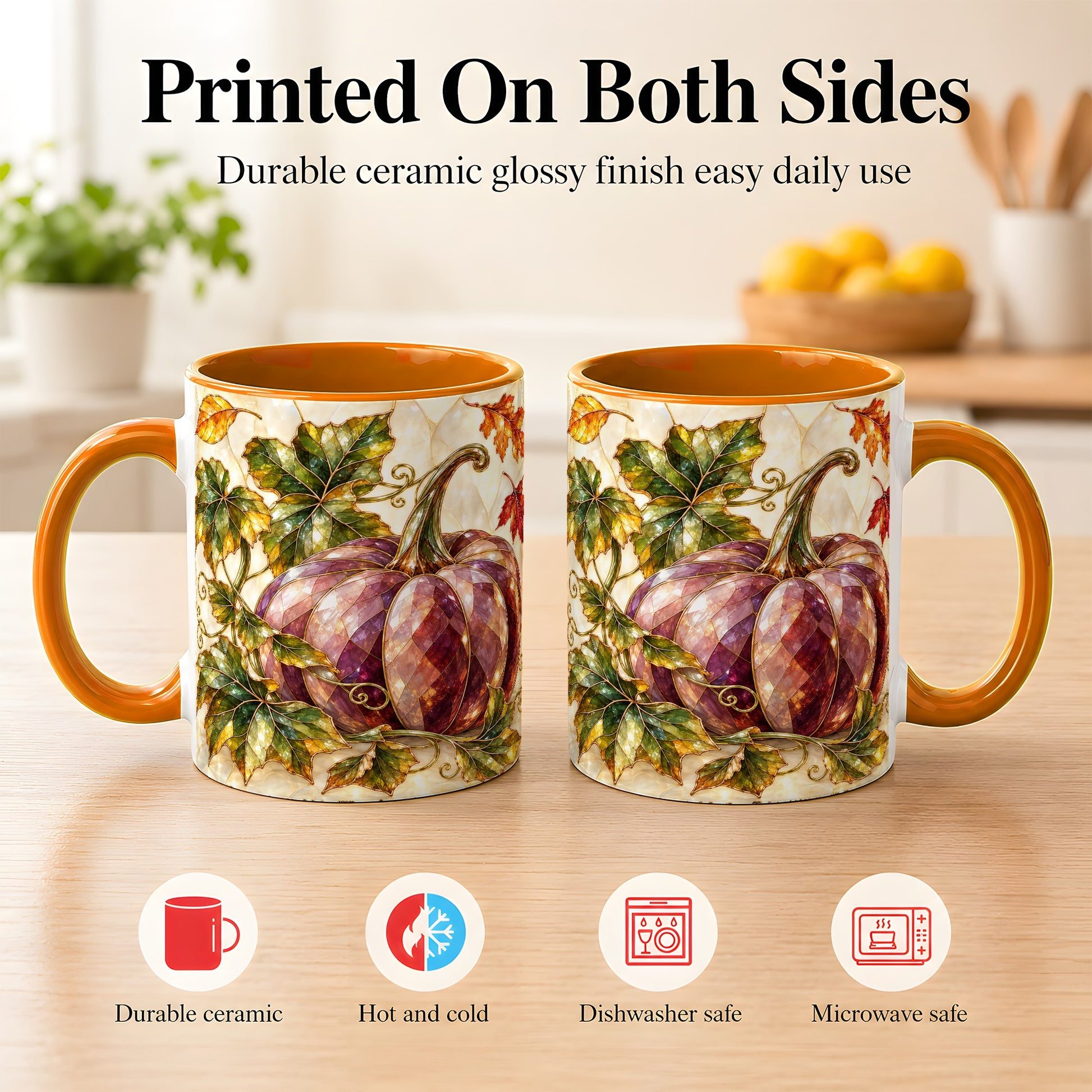 #pl[11oz|Orange] Jeweled Pumpkin Coffee Mug, Autumn Leaves Mug, Ceramic Cup