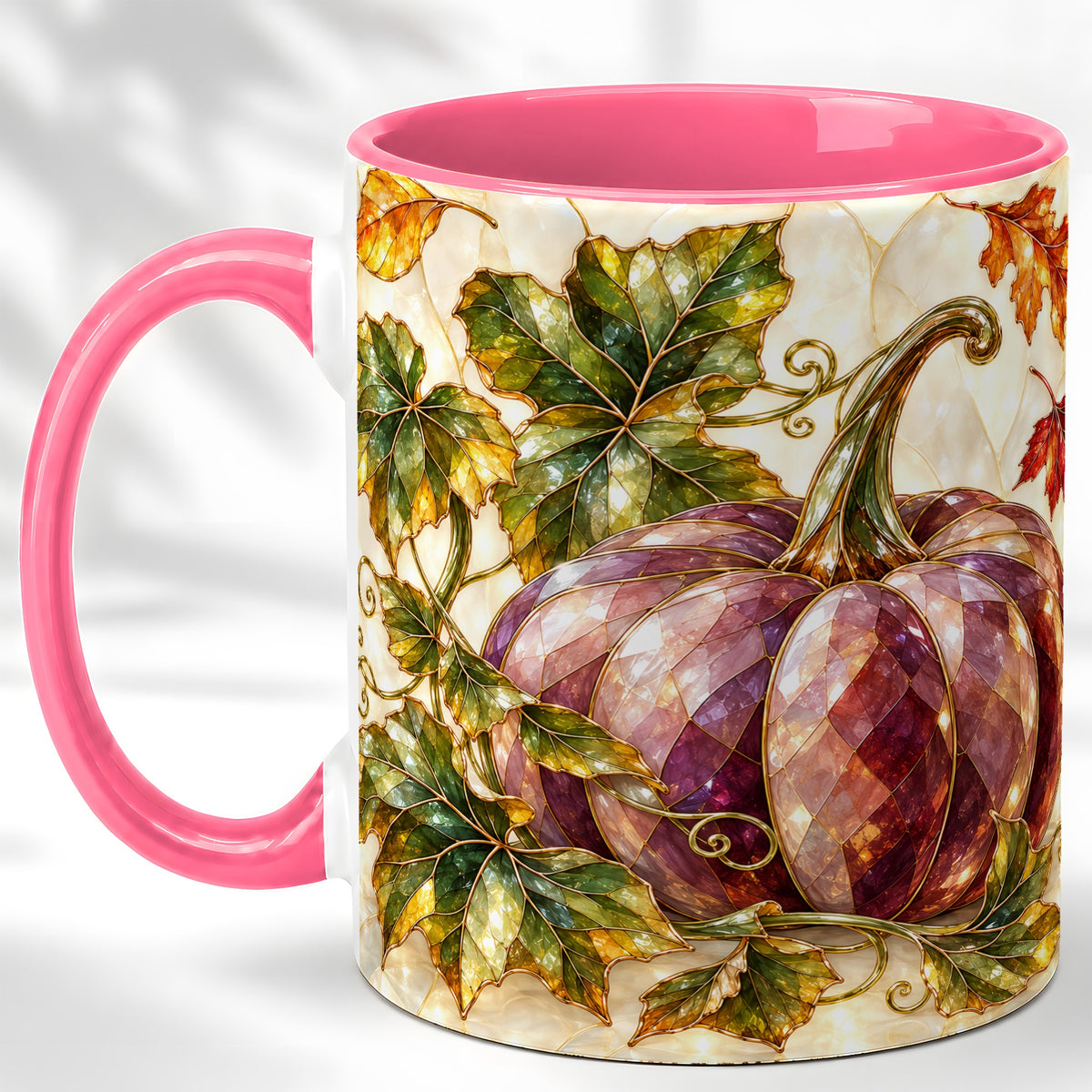 #pl[11oz|Pink] Jeweled Pumpkin Coffee Mug, Autumn Leaves Mug, Ceramic Cup