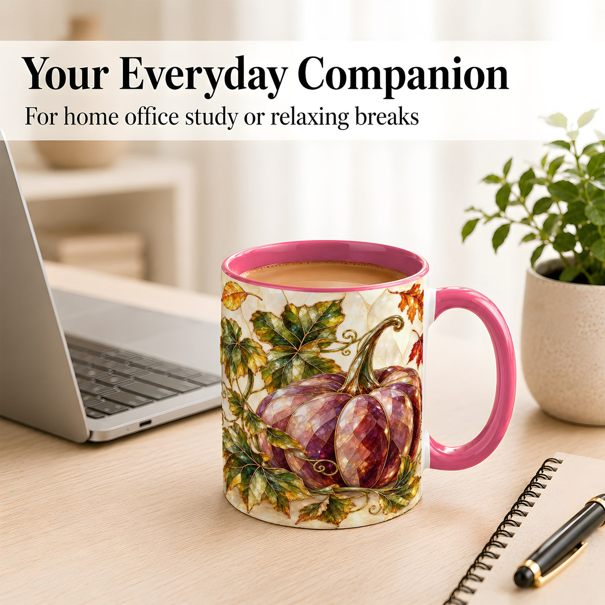 #pl[11oz|Pink] Jeweled Pumpkin Coffee Mug, Autumn Leaves Mug, Ceramic Cup