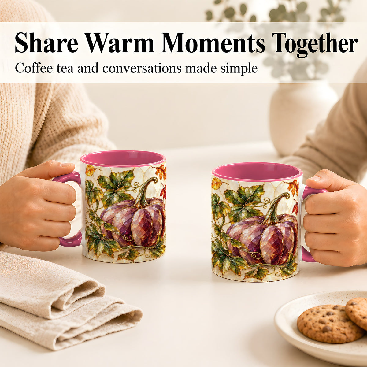 #pl[11oz|Pink] Jeweled Pumpkin Coffee Mug, Autumn Leaves Mug, Ceramic Cup