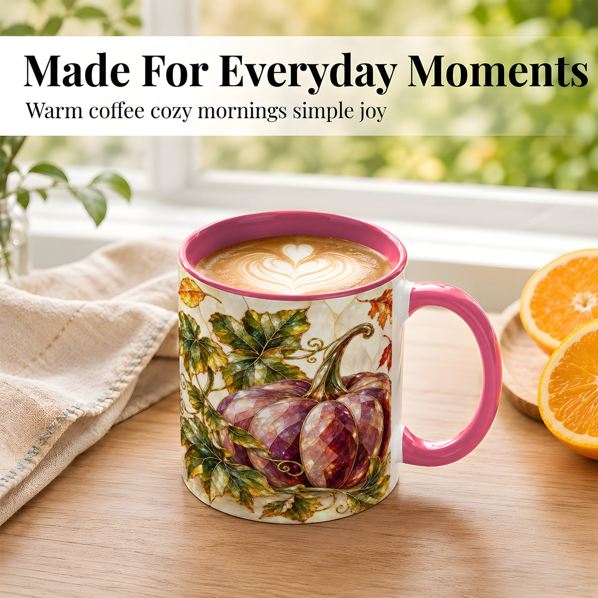 #pl[11oz|Pink] Jeweled Pumpkin Coffee Mug, Autumn Leaves Mug, Ceramic Cup