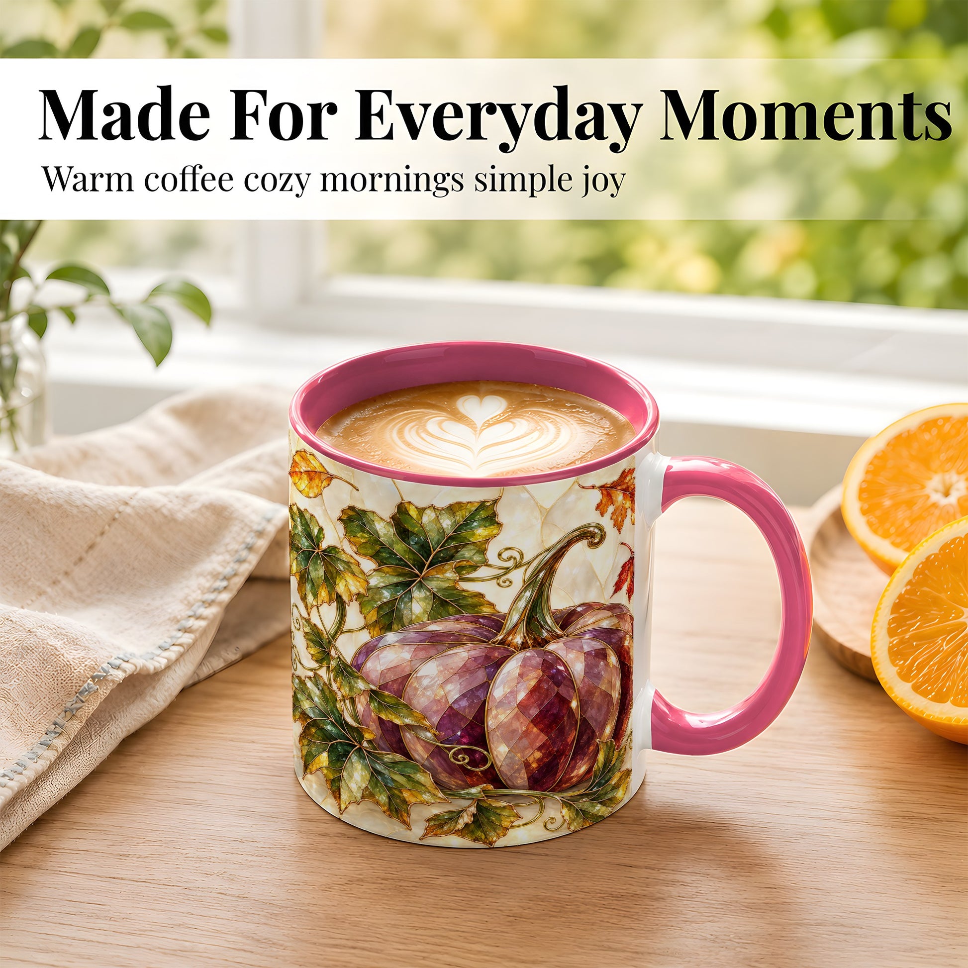 #pl[11oz|Pink] Jeweled Pumpkin Coffee Mug, Autumn Leaves Mug, Ceramic Cup