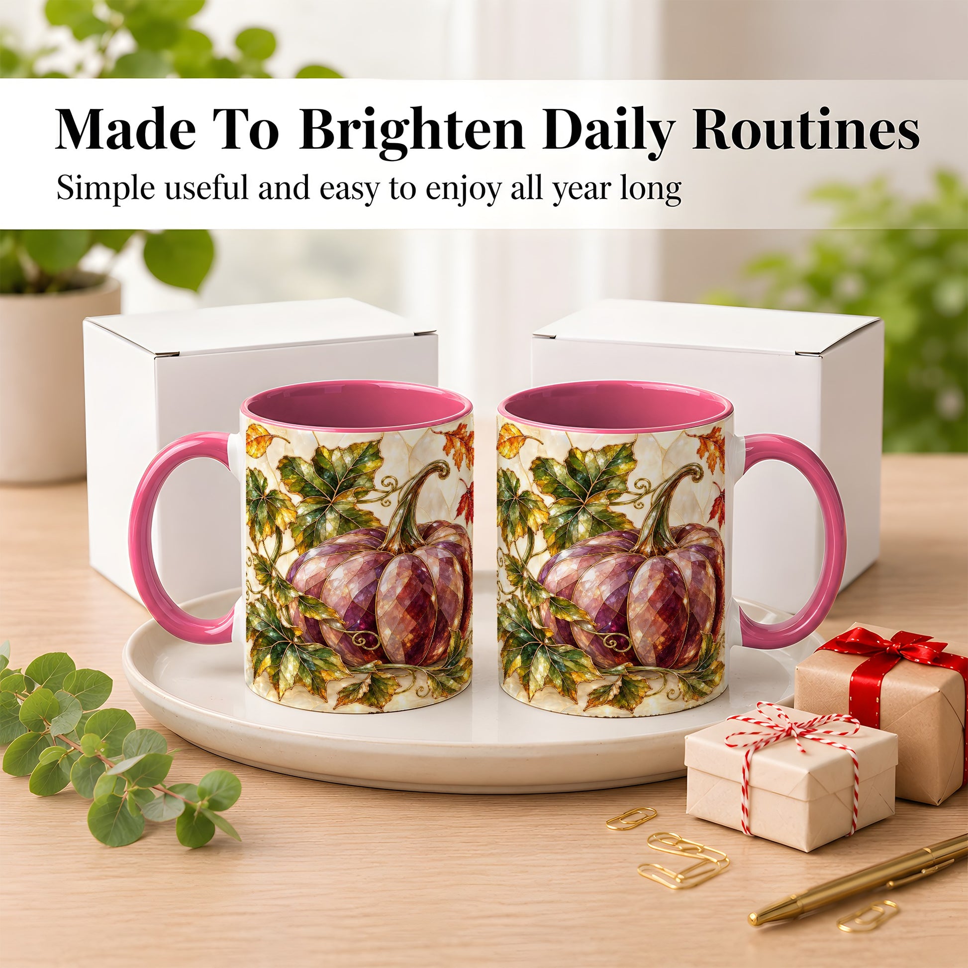 #pl[11oz|Pink] Jeweled Pumpkin Coffee Mug, Autumn Leaves Mug, Ceramic Cup