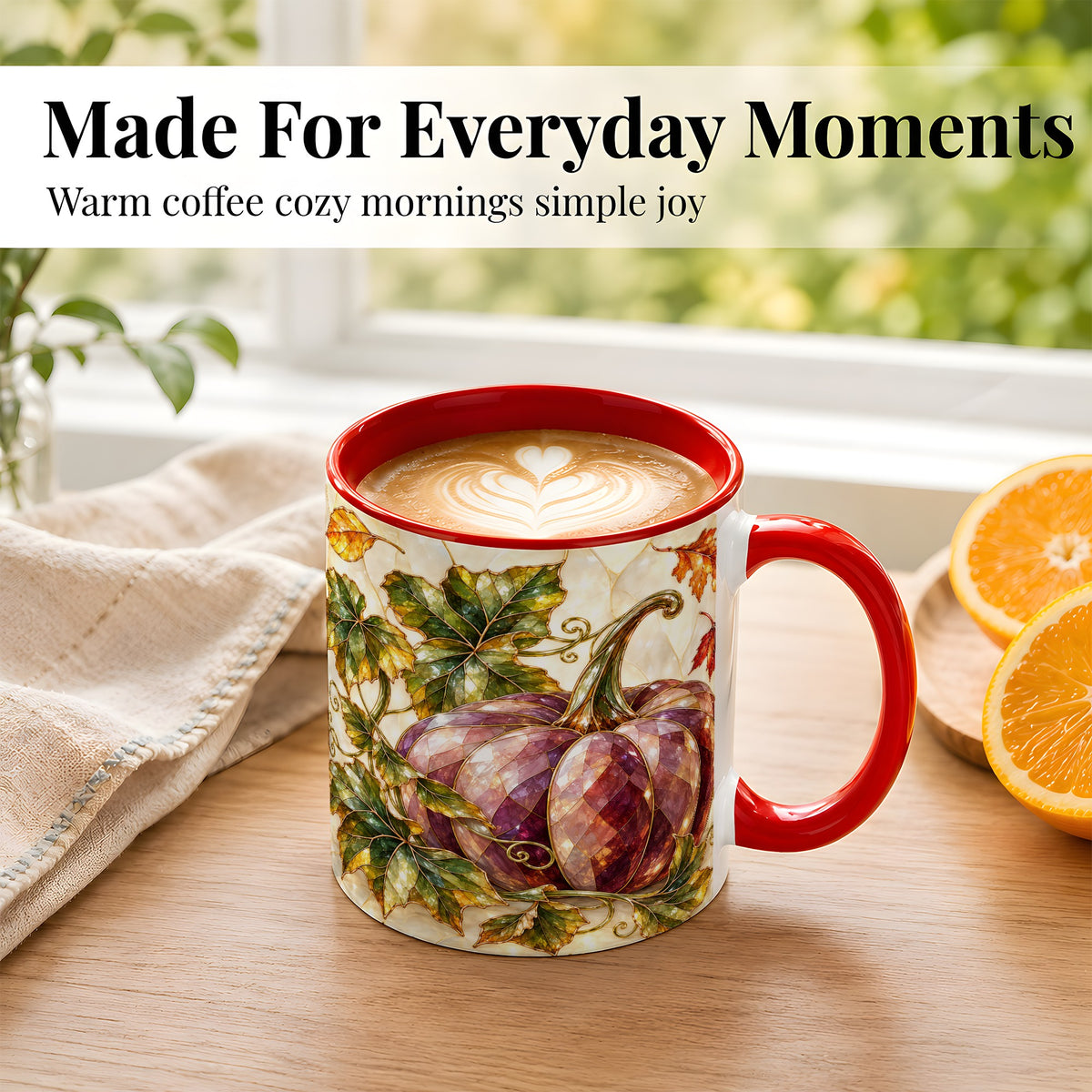 #pl[11oz|Red] Jeweled Pumpkin Coffee Mug, Autumn Leaves Mug, Ceramic Cup