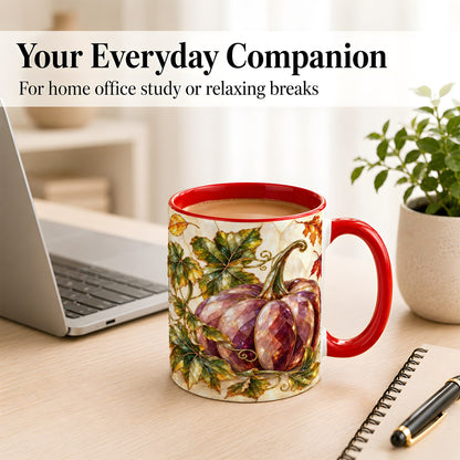 #pl[11oz|Red] Jeweled Pumpkin Coffee Mug, Autumn Leaves Mug, Ceramic Cup