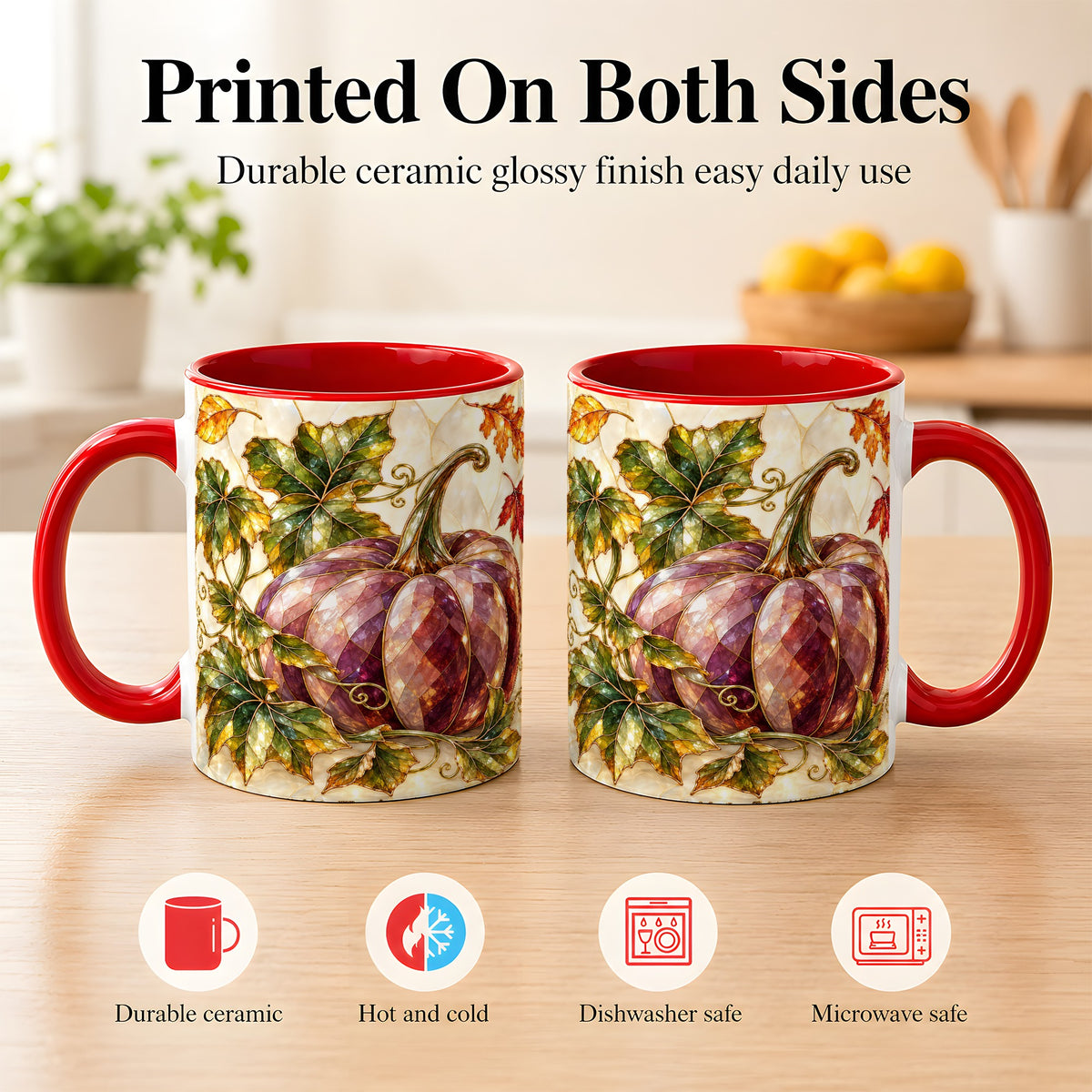 #pl[11oz|Red] Jeweled Pumpkin Coffee Mug, Autumn Leaves Mug, Ceramic Cup