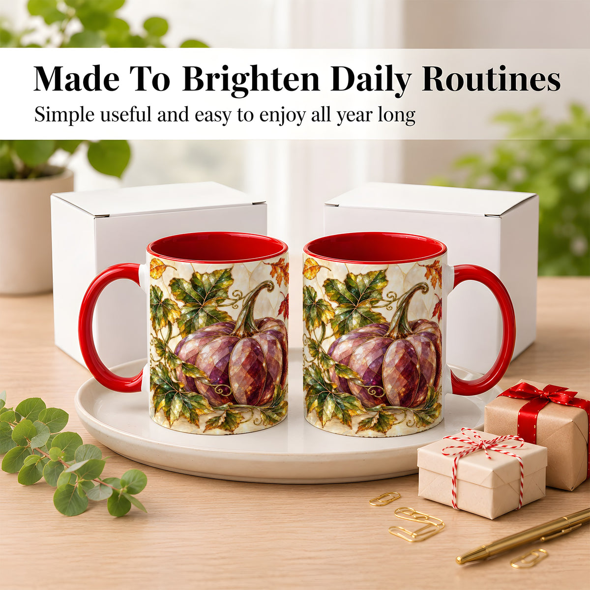 #pl[11oz|Red] Jeweled Pumpkin Coffee Mug, Autumn Leaves Mug, Ceramic Cup