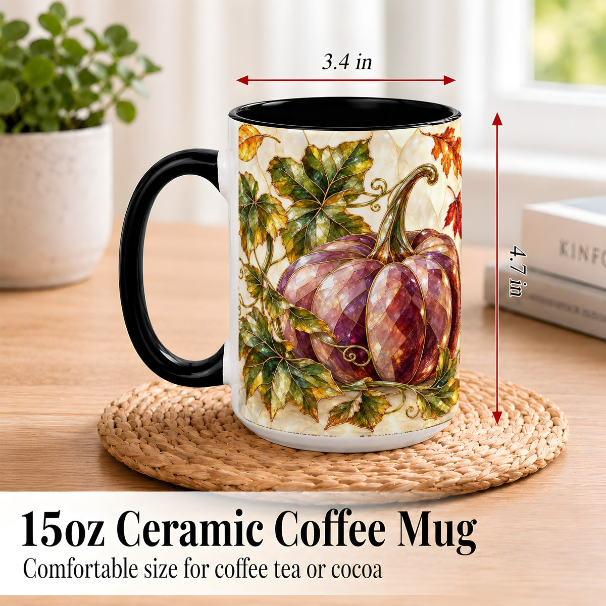 #pl[15oz|Black] Jeweled Pumpkin Coffee Mug, Autumn Leaves Mug, Ceramic Cup