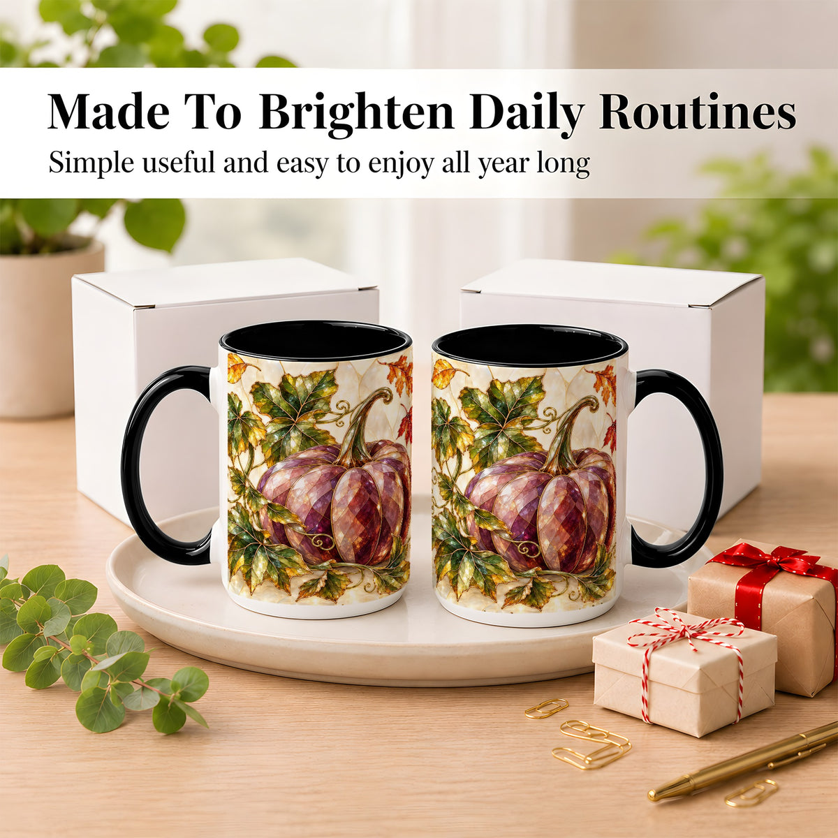 #pl[15oz|Black] Jeweled Pumpkin Coffee Mug, Autumn Leaves Mug, Ceramic Cup