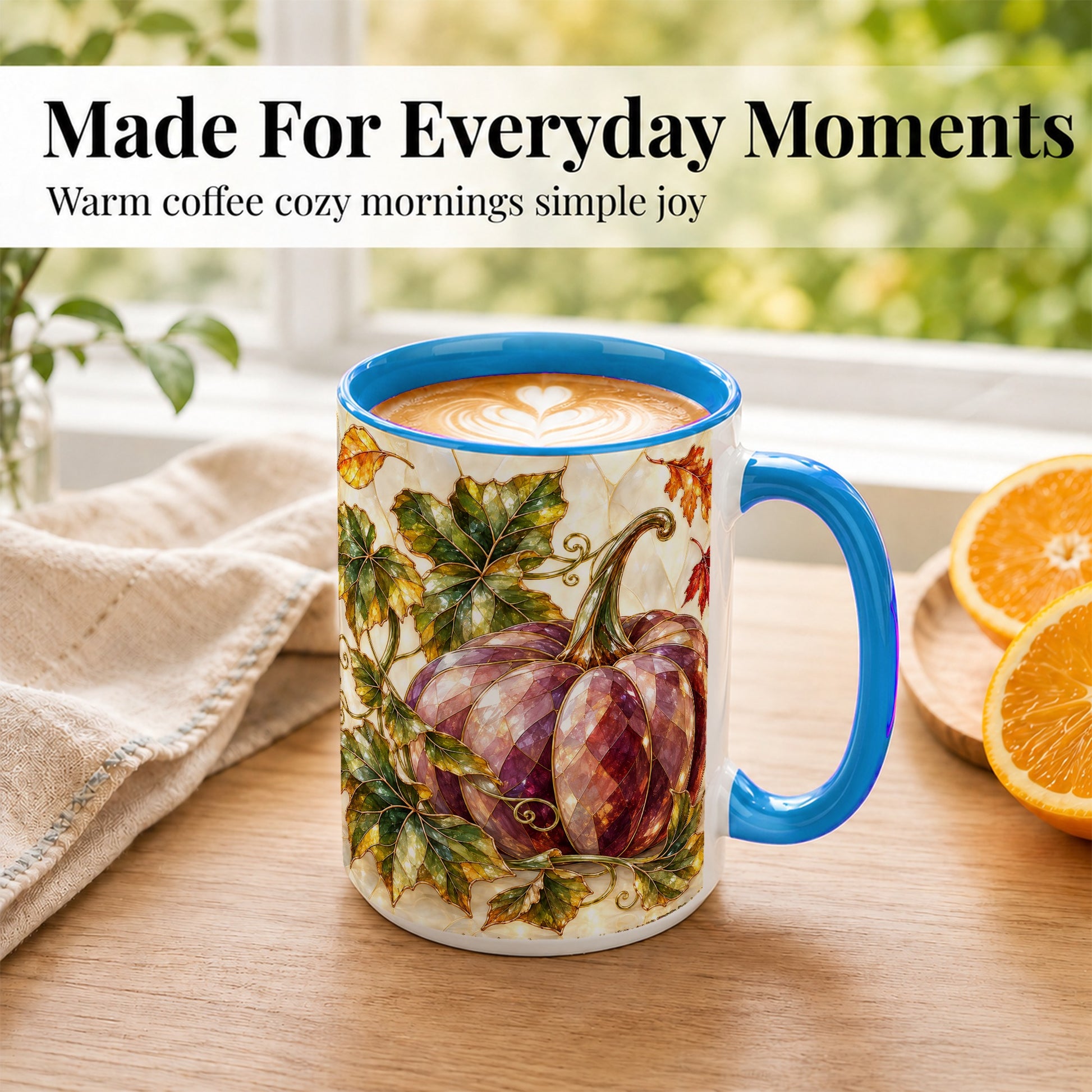 #pl[15oz|Blue] Jeweled Pumpkin Coffee Mug, Autumn Leaves Mug, Ceramic Cup