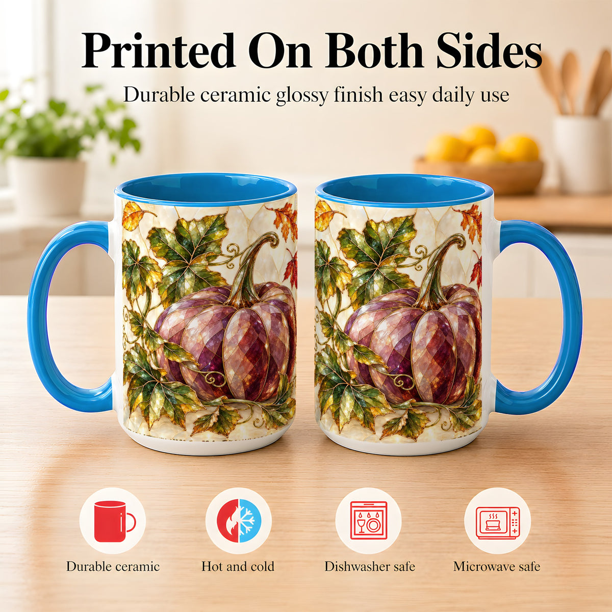 #pl[15oz|Blue] Jeweled Pumpkin Coffee Mug, Autumn Leaves Mug, Ceramic Cup