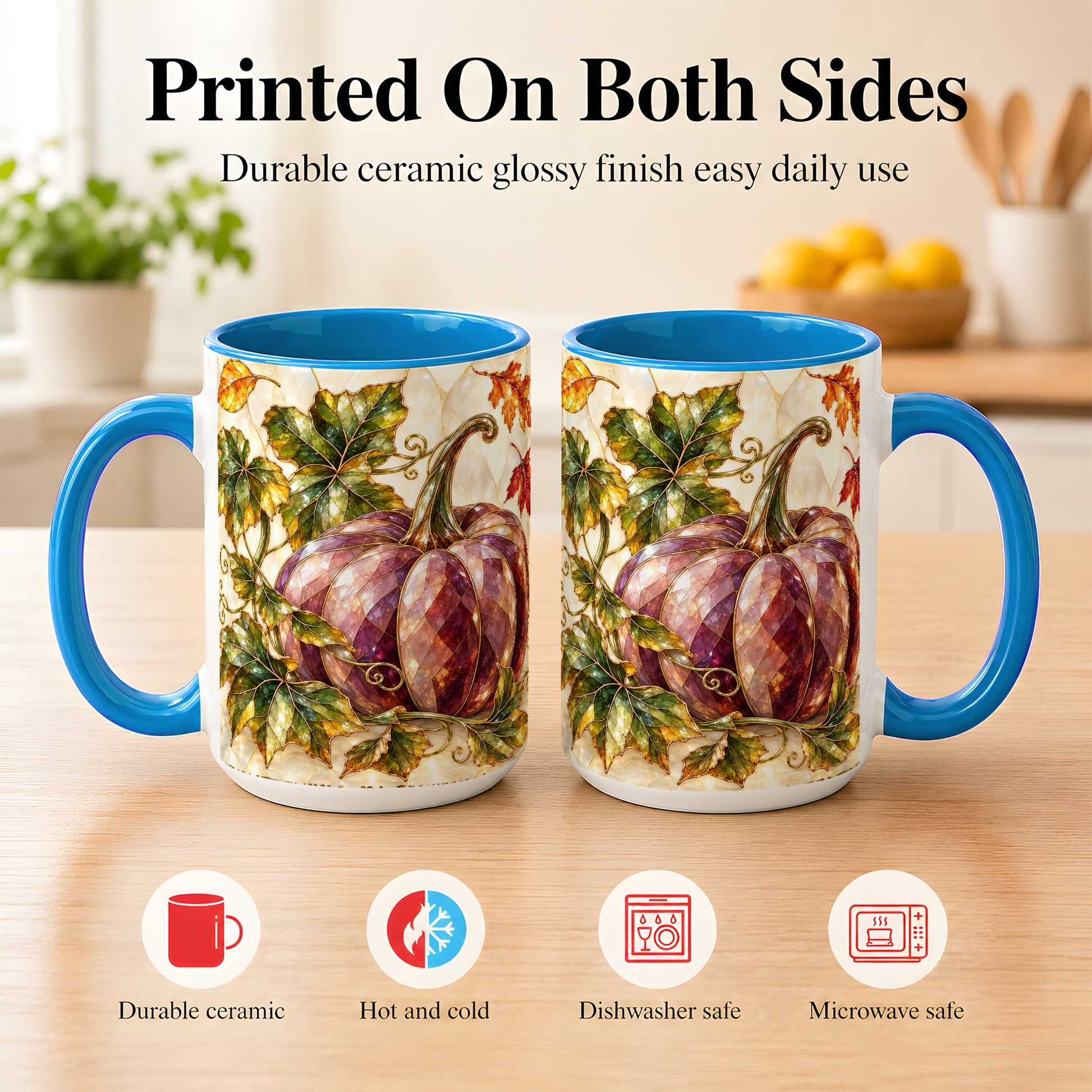 #pl[15oz|Blue] Jeweled Pumpkin Coffee Mug, Autumn Leaves Mug, Ceramic Cup