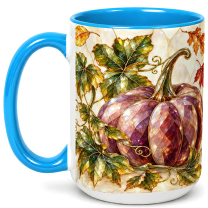 #pl[15oz|Blue] Jeweled Pumpkin Coffee Mug, Autumn Leaves Mug, Ceramic Cup