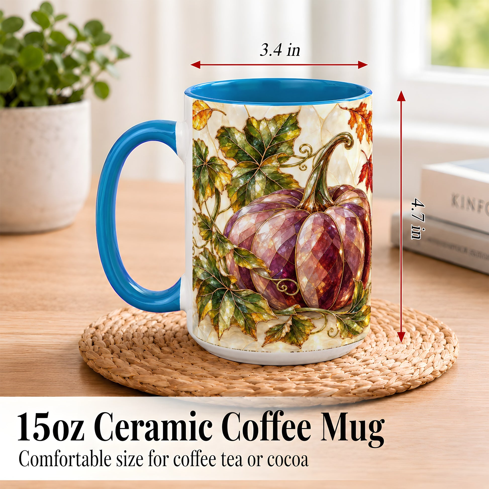 #pl[15oz|Blue] Jeweled Pumpkin Coffee Mug, Autumn Leaves Mug, Ceramic Cup