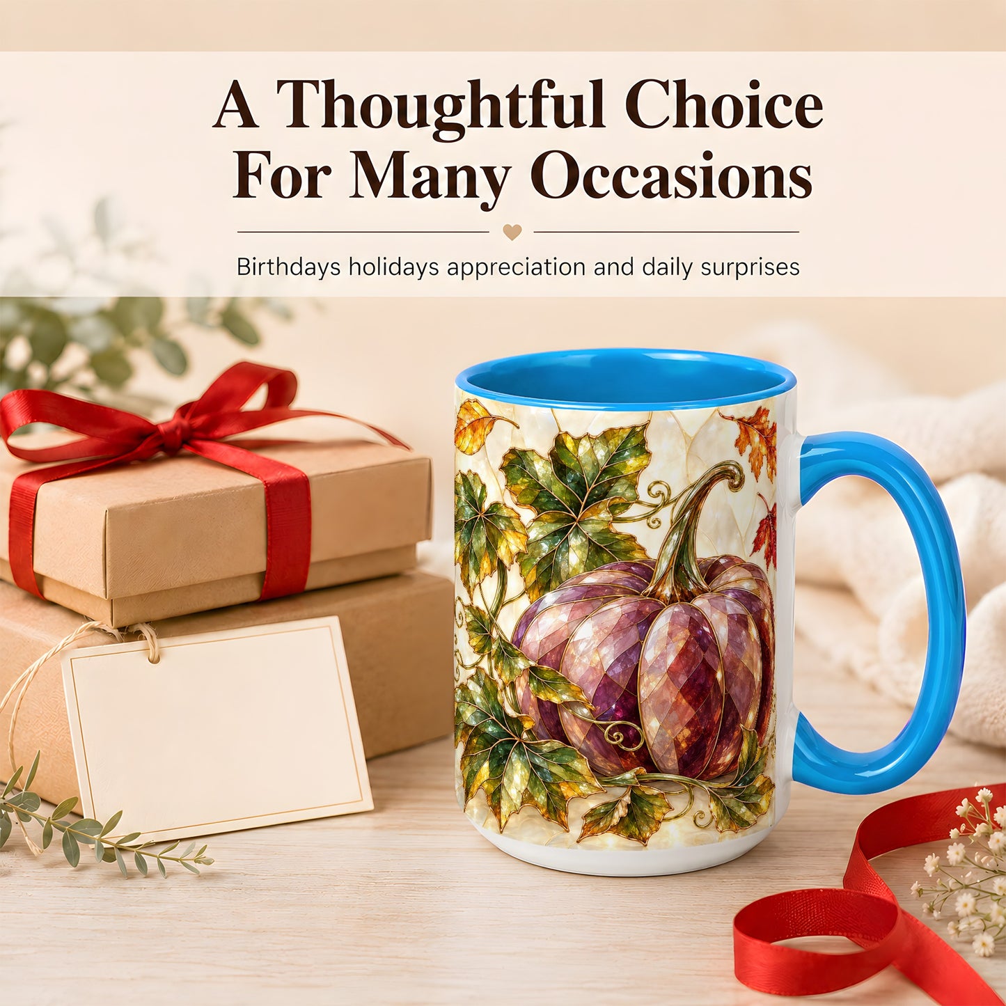 #pl[15oz|Blue] Jeweled Pumpkin Coffee Mug, Autumn Leaves Mug, Ceramic Cup