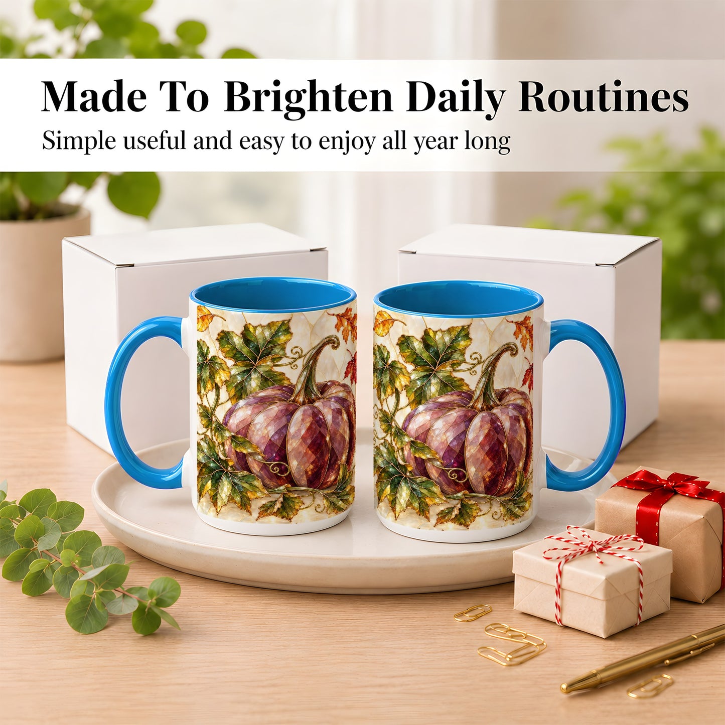 #pl[15oz|Blue] Jeweled Pumpkin Coffee Mug, Autumn Leaves Mug, Ceramic Cup