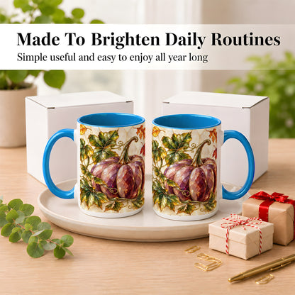 #pl[15oz|Blue] Jeweled Pumpkin Coffee Mug, Autumn Leaves Mug, Ceramic Cup