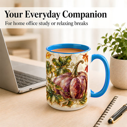 #pl[15oz|Blue] Jeweled Pumpkin Coffee Mug, Autumn Leaves Mug, Ceramic Cup