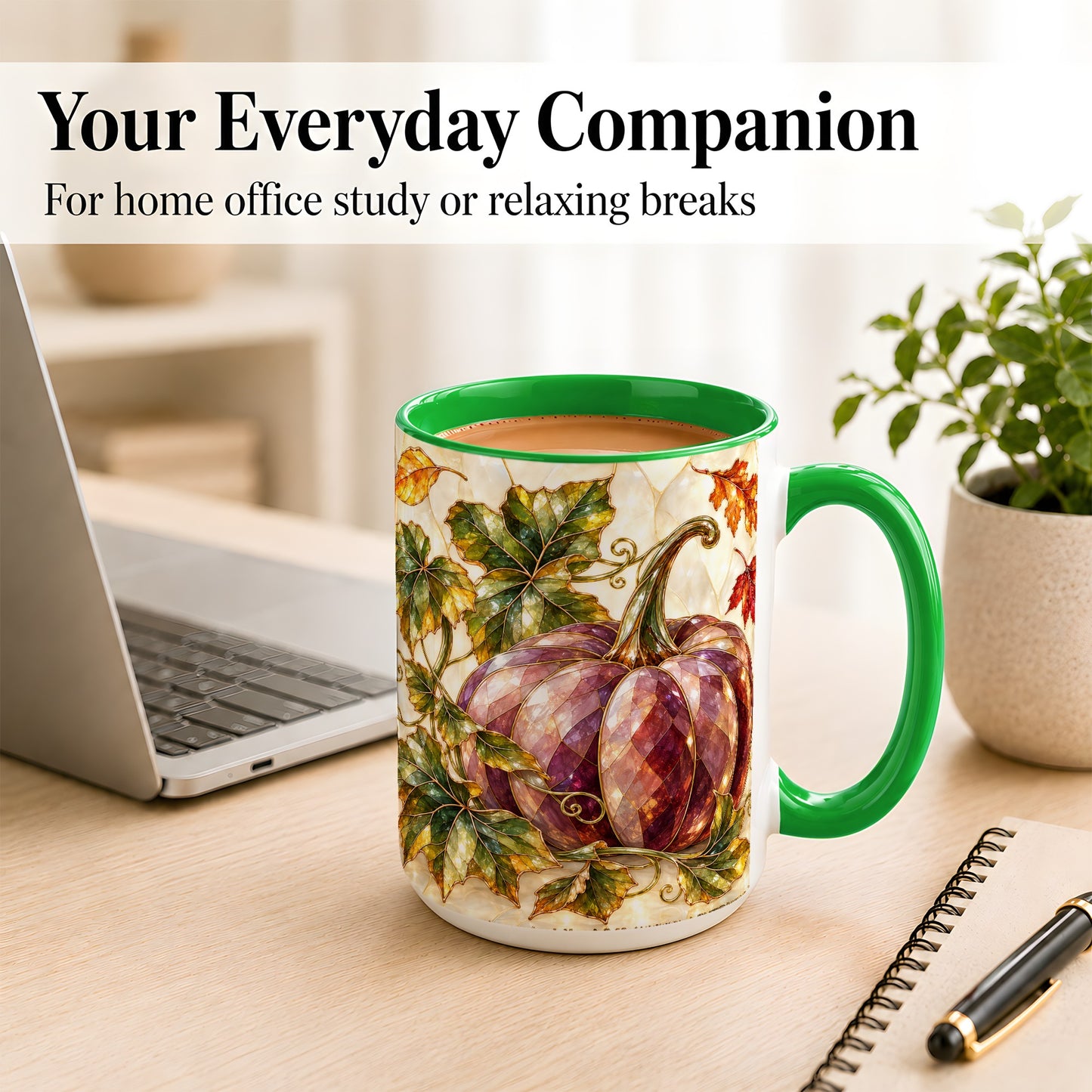 #pl[15oz|Green] Jeweled Pumpkin Coffee Mug, Autumn Leaves Mug, Ceramic Cup