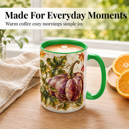 #pl[15oz|Green] Jeweled Pumpkin Coffee Mug, Autumn Leaves Mug, Ceramic Cup