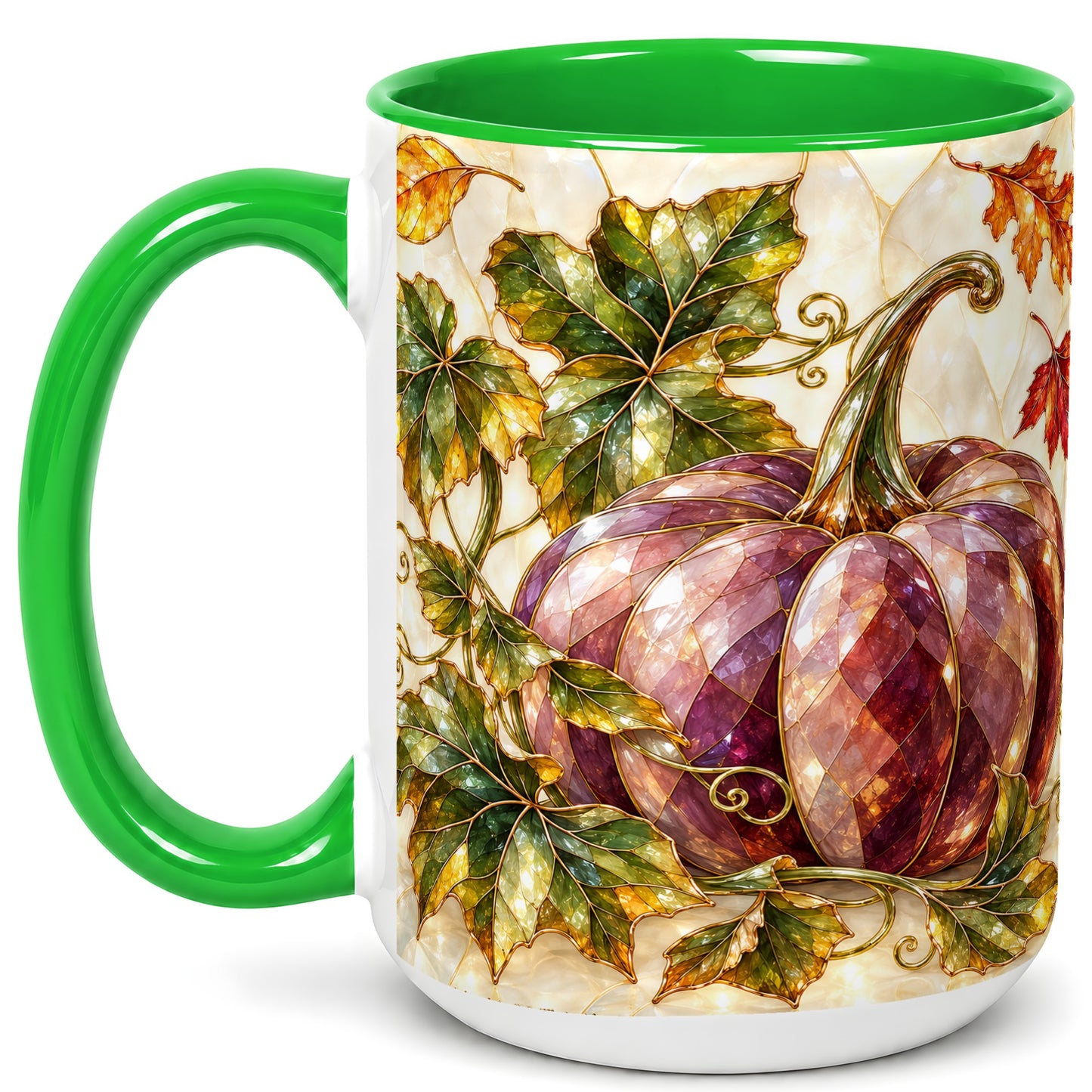 #pl[15oz|Green] Jeweled Pumpkin Coffee Mug, Autumn Leaves Mug, Ceramic Cup