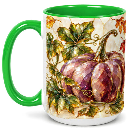 #pl[15oz|Green] Jeweled Pumpkin Coffee Mug, Autumn Leaves Mug, Ceramic Cup