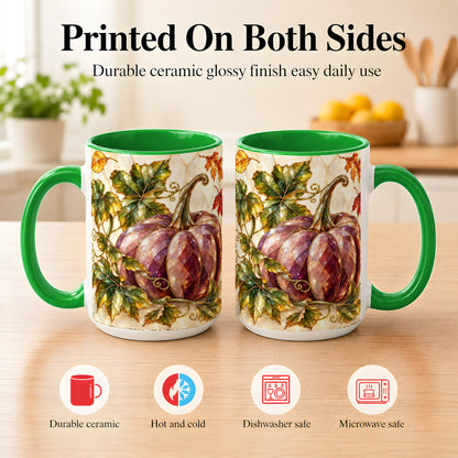 #pl[15oz|Green] Jeweled Pumpkin Coffee Mug, Autumn Leaves Mug, Ceramic Cup