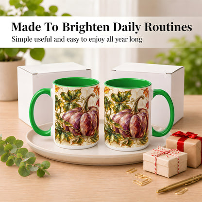 #pl[15oz|Green] Jeweled Pumpkin Coffee Mug, Autumn Leaves Mug, Ceramic Cup