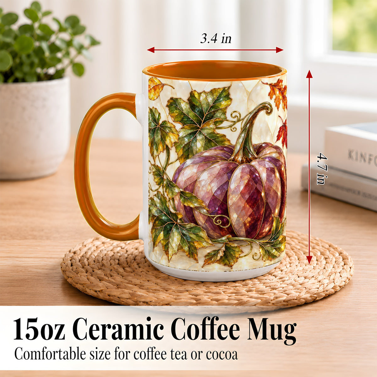#pl[15oz|Orange] Jeweled Pumpkin Coffee Mug, Autumn Leaves Mug, Ceramic Cup